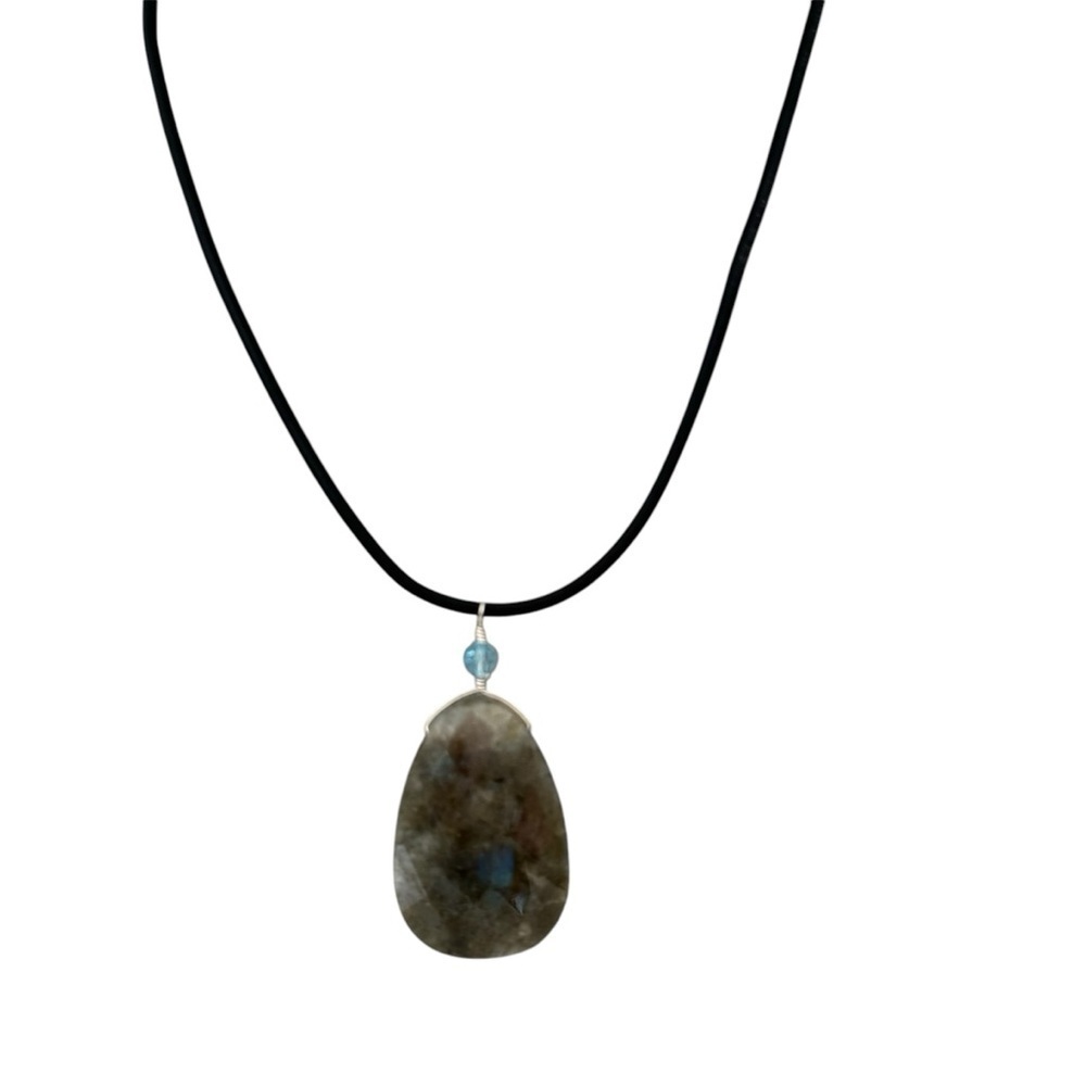 Artisan Blue Gray Labradorite Gem Pendant on Black Leather Cord Necklace NEW - Picture 10 of 16